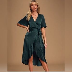 Lulu's Wrapped in Love Satin Dark Green wrap Midi Dress